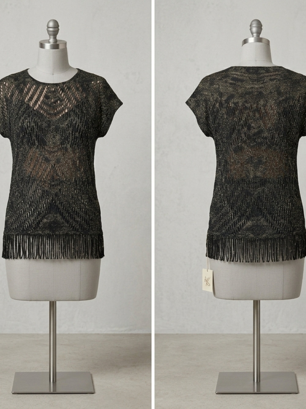 Boho Chic Metallic Gold & Black Fringe Knit Top